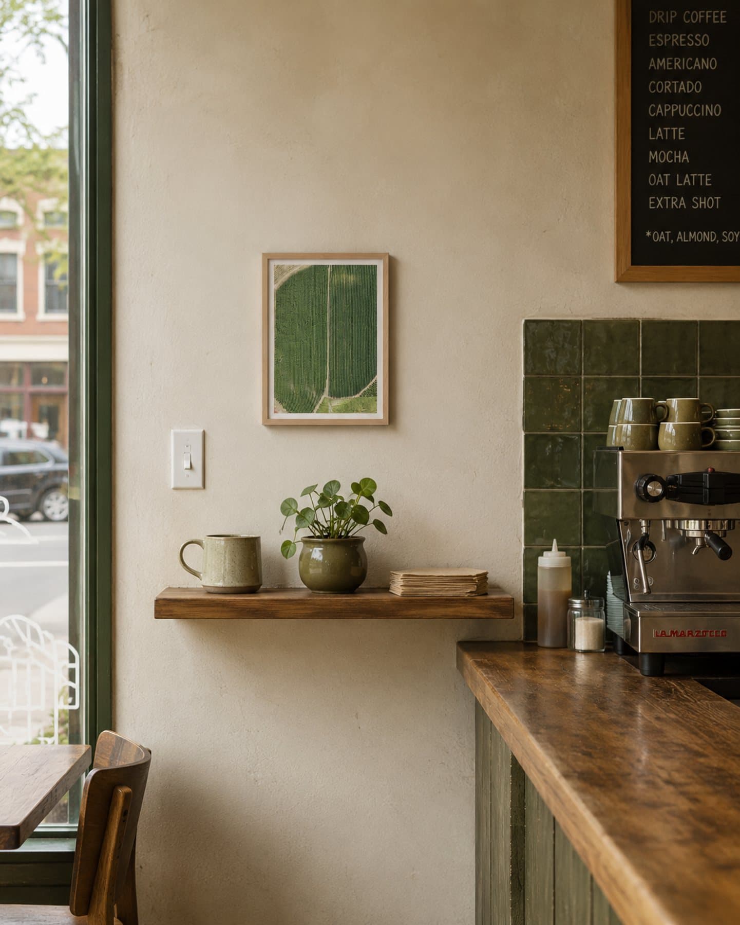 Linhas do café emoldurada em cafeteria de bairro